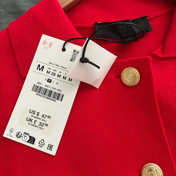 Zara Short Sleeve Knit Jacket Red Gold Button Down with Collar - Picture 4 of 4